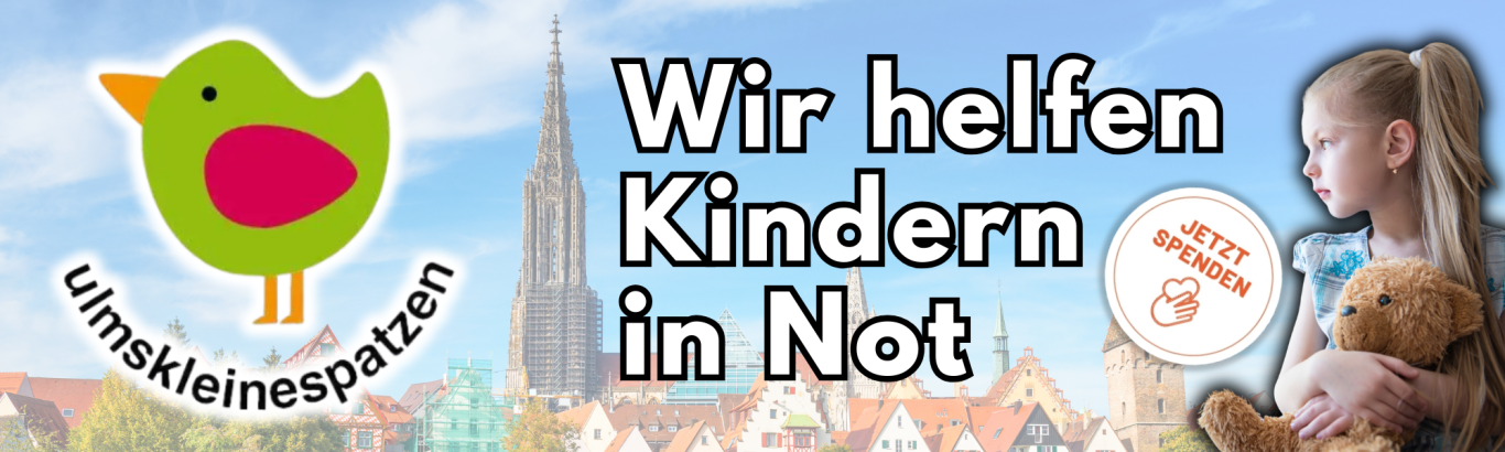 Ein grüner Vogel mit rotem Bauch, ein Mädchen mit Teddy und der Text "Wir helfen Kindern in Not".